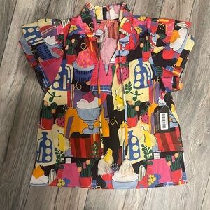 Women’s THML Bright Multi-Graphic Short Sleeve Blouse with Tassel Tie